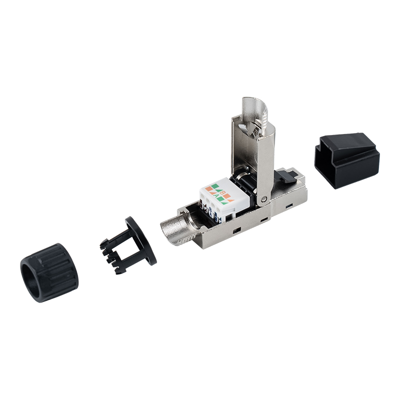Connettore RJ45 schermato senza utensili Cat7 (con cappucci in plastica sulla testa e dadi in plastica sulla coda) RJ-G50S-2-C7 Connettore RJ45 schermato senza utensili Cat7 (con cappucci in plastica sulla testa e dadi in plastica sulla coda) RJ-G50S-2-C7